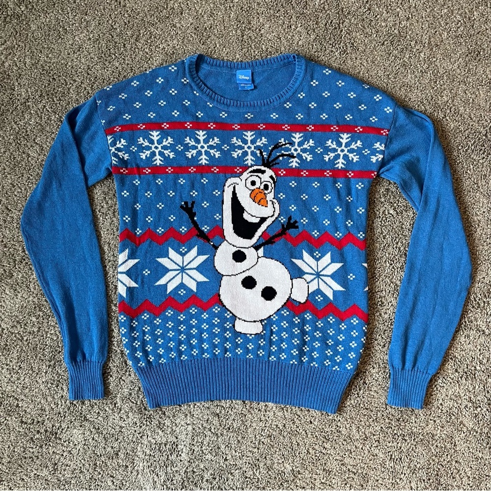 Disney Frozen Olaf Ugly Christmas Sweater Pullover Blue Snowflake Women’s Sz L